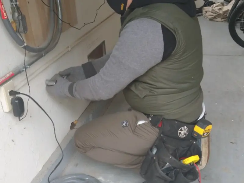 Electrician performing outlet wiring in a Huntington Woods garage